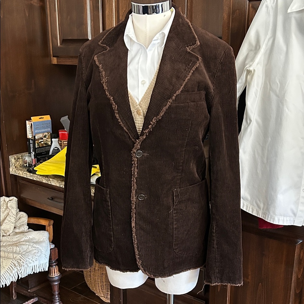 SOLID DENIM Equipment Sz M Brown Corduroy Blazer Raw Hem
